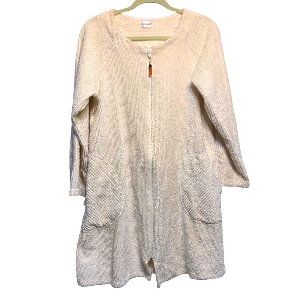 VTG 70s Delicates Chenille Zip Front Robe Cream Medium Textured Loungewear